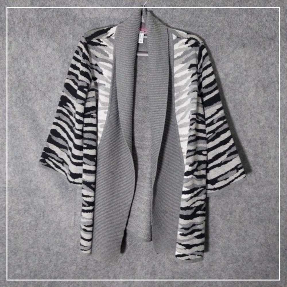 Isaac Mizrahi Live Cardigan L Zebra Ribbed Open Front Kimono Sleeve Safari Boho